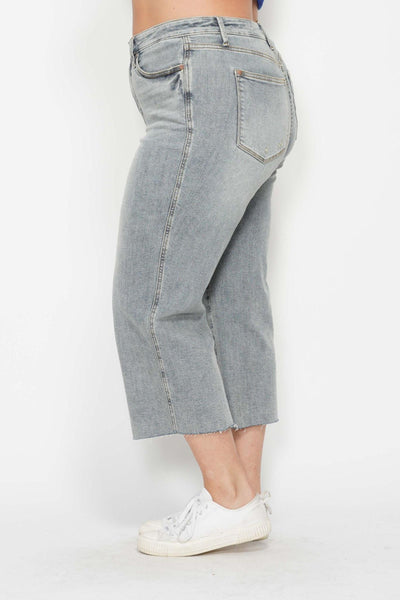 Judy Blue Mid Rise Tummy Control Raw Hem Wide Leg Crop Denim 88903-Jeans-Sunshine and Wine Boutique