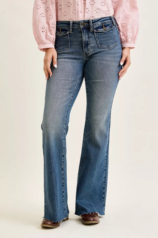 Judy Blue Mid Rise Flare Jeans with Front Flap Pockets