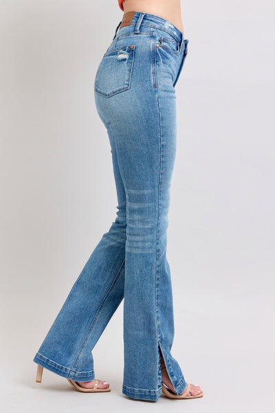 Judy Blue High Waist Tummy Control Vintage Wash Side Slit Slim Bootcut Denim Jeans 88930-Jeans-Sunshine and Wine Boutique