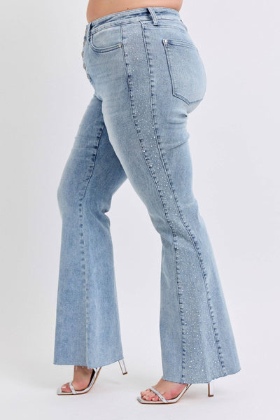 Judy Blue Mid Rise Button Fly Rhinestone Side Panel Detail Flare Denim Jeans 88895-Jeans-Sunshine and Wine Boutique