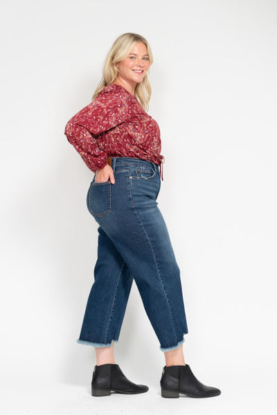 Judy Blue High Waist Button Fly Destroy Wide Leg Crop Denim Jeans 88887-Jeans-Sunshine and Wine Boutique