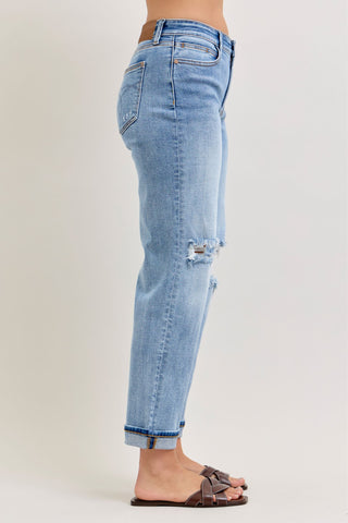Judy Blue Mid Rise Destroyed Cuffed Boyfriend Denim Jeans 82688