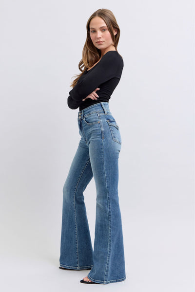 Judy Blue High Waist Double Button Tinted Flare Denim Jeans 82630-Jeans-Sunshine and Wine Boutique