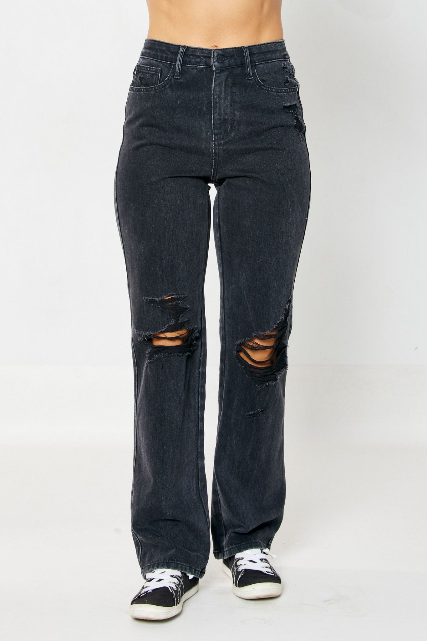 Judy Blue High Rise Rigid Magic 90's Distressed Straight Jeans in Black 88737-Jeans-Sunshine and Wine Boutique