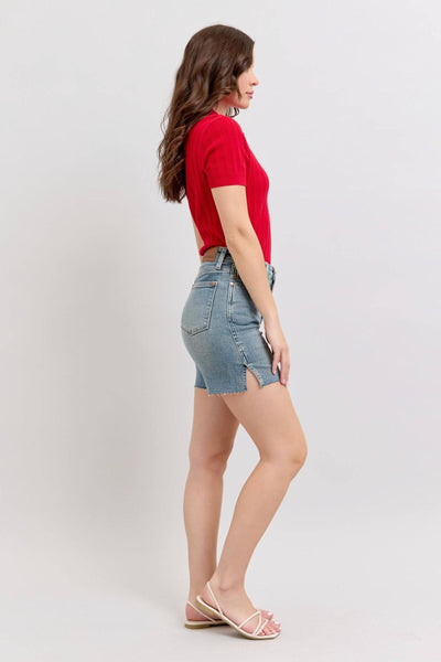 Judy Blue High Waist Vintage Wash Side Slit Denim Short 150296-Shorts-Sunshine and Wine Boutique