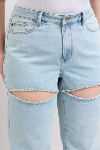 Judy Blue High Waist Rigid Magic Rhinestone Slits Detail Straight Denim Jeans 88954