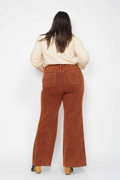 Judy Blue High Waist Garment Dyed Pumpkin Spice Raw Hem Retro Wide Leg Denim 88888-Jeans-Sunshine and Wine Boutique