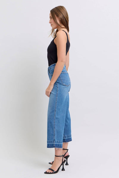 Judy Blue High Waist Tummy Control Release Hem Crop Wide Leg Denim Jeans 88875-Jeans-Sunshine and Wine Boutique