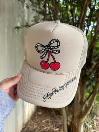 Southern Bliss Have the Day You Deserve Leopard & Cherries Tan Otto Trucker Hat