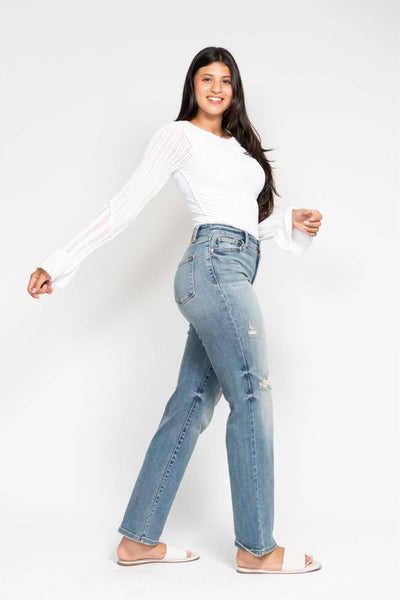 Judy Blue High Waist Harsh Tint & Destroy Straight Dad Denim Jeans 82641-Jeans-Sunshine and Wine Boutique