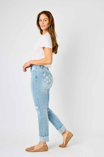 Judy Blue Mid Rise Flag Cuff Boyfriend Denim 88723-Jeans-Sunshine and Wine Boutique