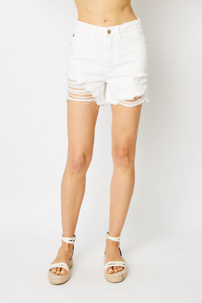 Judy Blue High Waist Rigid Magic Destroy White Denim Short 150264-Shorts-Sunshine and Wine Boutique