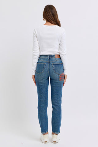 Judy Blue High Waist Plaid Patch Slim Denim Jeans 88868