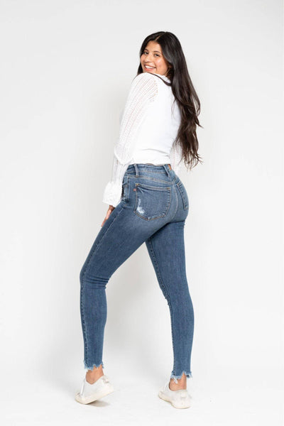 Judy Blue High Waist Destroy & Shark Bite Hem Skinny Denim Jeans 82491-Jeans-Sunshine and Wine Boutique