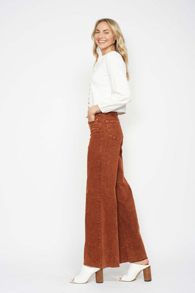 Judy Blue High Waist Garment Dyed Pumpkin Spice Raw Hem Retro Wide Leg Denim 88888-Jeans-Sunshine and Wine Boutique