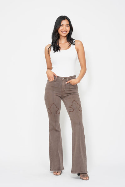 Judy Blue High Waist Garment Dyed Knee Seam Detail & Shield Pockets Flare Denim 88846-Jeans-Sunshine and Wine Boutique