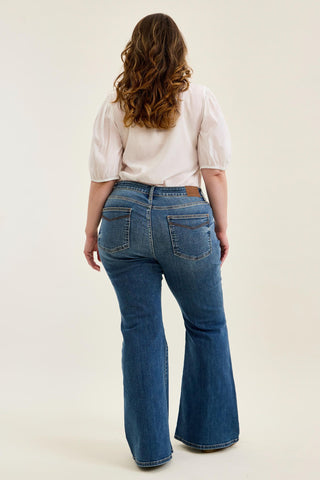 Judy Blue Mid Rise Triple Needle Pockets & Bandana Loop Jaqueline Flare Denim Jeans 82726