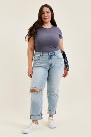 Judy Blue Mid Rise Bandana Loop Boyfriend Denim Jeans 82723