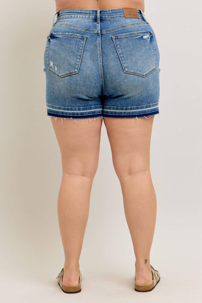Judy Blue Mid Rise Tummy Control Vintage Wash Release Hem Denim Short 150299-Shorts-Sunshine and Wine Boutique