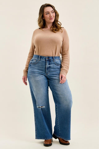 Judy Blue High Waist Tummy Control Leopard Waistband Lux Retro Wide Leg Denim Jeans 881192