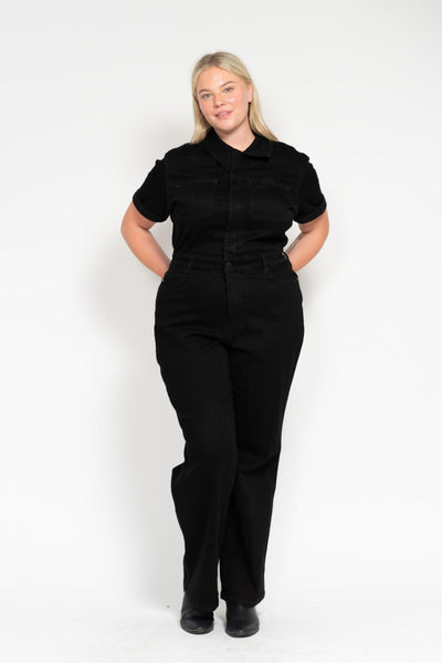 Judy Blue High Waist Garment Dyed Black Tummy Control Short Sleeve Straight Denim Jeans Jumpsuit 88853-Jeans-Sunshine and Wine Boutique