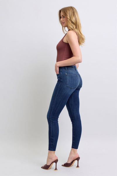 Judy Blue Mid Rise Raw Hem Skinny Denim Jeans 82628-Jeans-Sunshine and Wine Boutique