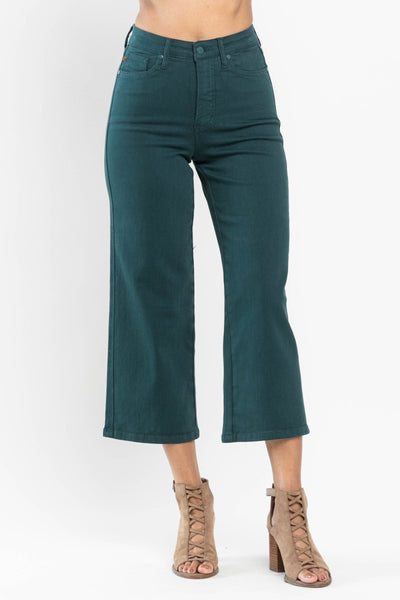 Judy Blue High Waist Tummy Control Garment Dyed Wide Leg Crop Teal Denim 88806 - Exclusive-Jeans-Sunshine and Wine Boutique