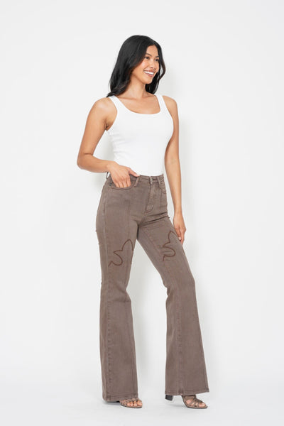 Judy Blue High Waist Garment Dyed Knee Seam Detail & Shield Pockets Flare Denim 88846-Jeans-Sunshine and Wine Boutique