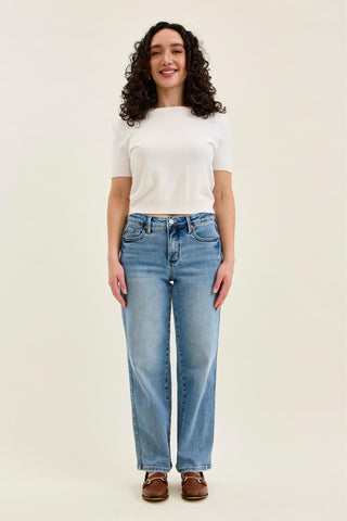 Judy Blue Mid Rise Tummy Control Vintage Wash Straight Denim Jeans 88943 - Petite