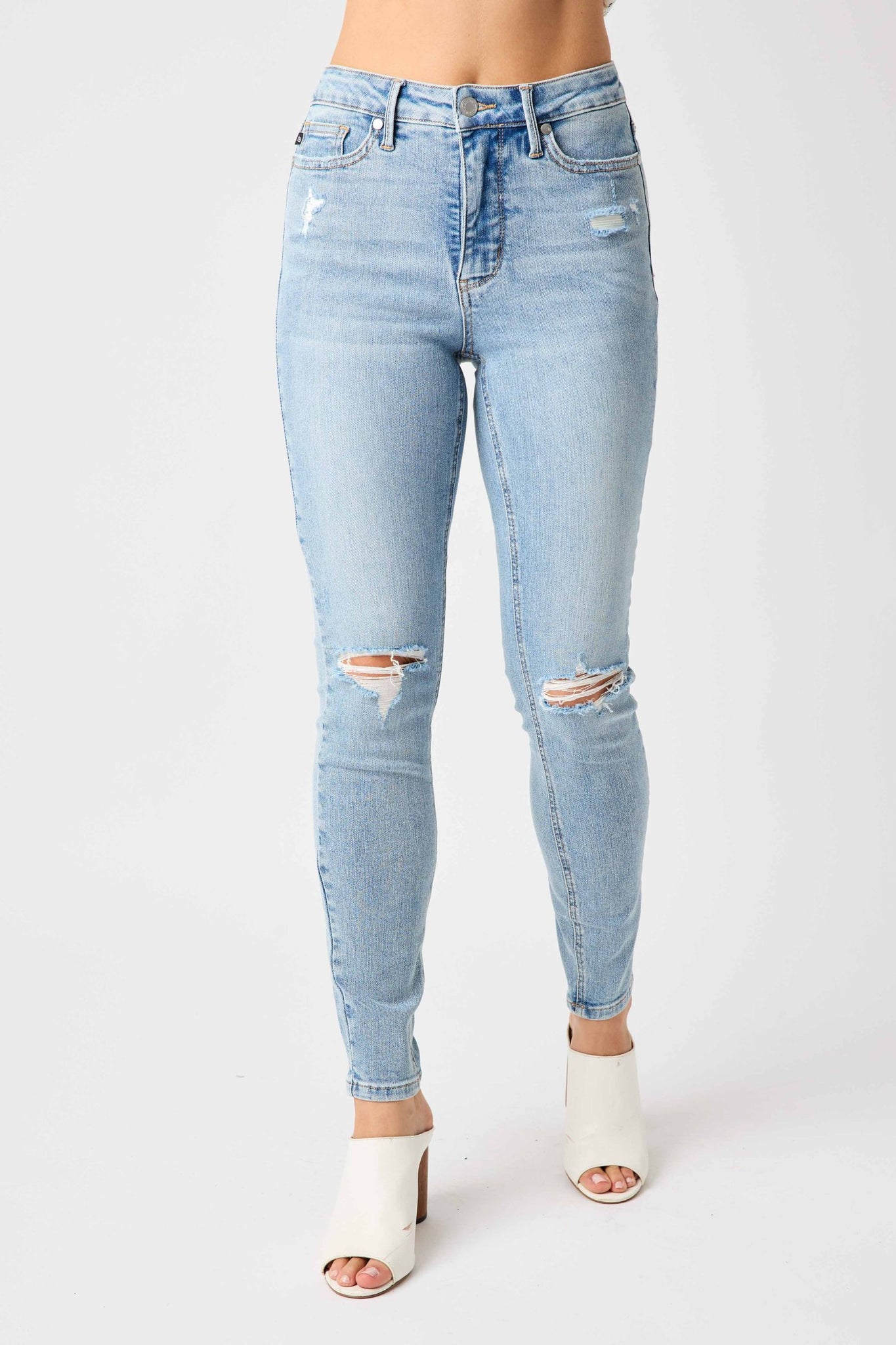 Judy Blue Mid Rise Tummy Control Destroy Skinny Denim 88797-Jeans-Sunshine and Wine Boutique