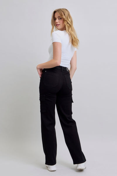 Judy Blue High Waist Cargo Wide Leg Black Denim Jeans 88886-Jeans-Sunshine and Wine Boutique