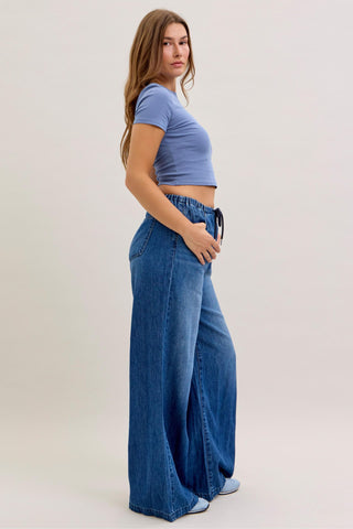 Judy Blue High Waist Featherweight Elastic Waistband Drawstring Palazzo Denim Jeans 881047