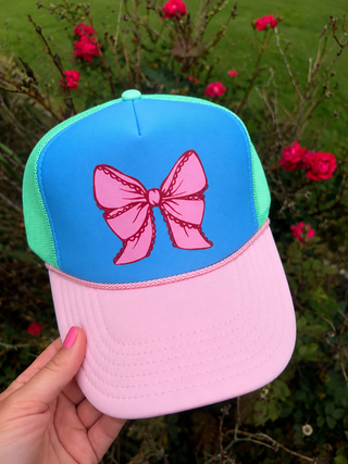 Southern Bliss Pink Lace Bow Carolina Blue Trucker Hat