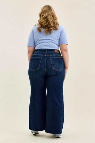 Judy Blue High Waist Adjustable Waistband Tabs Raw Hem Retro Wide Leg Denim Jeans 881114 - Petite