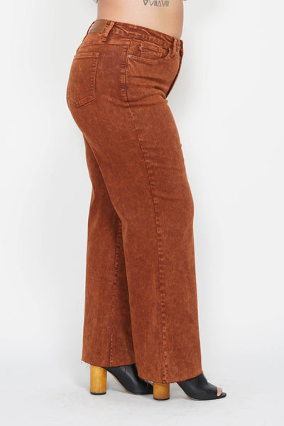 Judy Blue High Waist Garment Dyed Pumpkin Spice Raw Hem Retro Wide Leg Denim 88888-Jeans-Sunshine and Wine Boutique