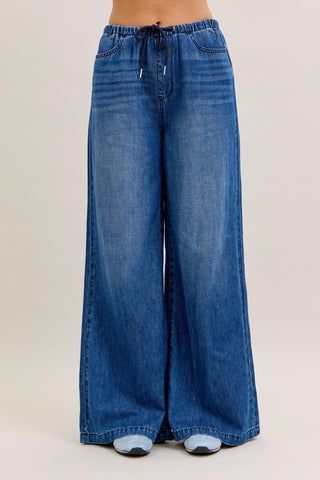 Judy Blue High Waist Featherweight Elastic Waistband Drawstring Palazzo Denim Jeans 881047