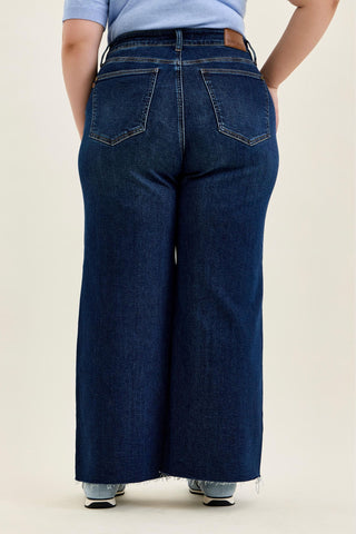 Judy Blue High Waist Adjustable Waistband Tabs Raw Hem Retro Wide Leg Denim Jeans 881114 - Petite