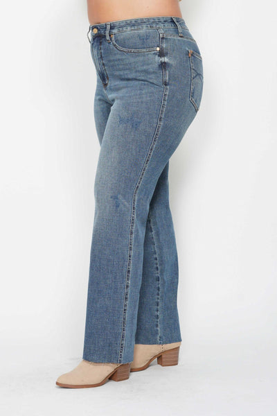 Judy Blue High Waist "Tummy Control" Raw Hem Straight Denim 88848-Jeans-Sunshine and Wine Boutique