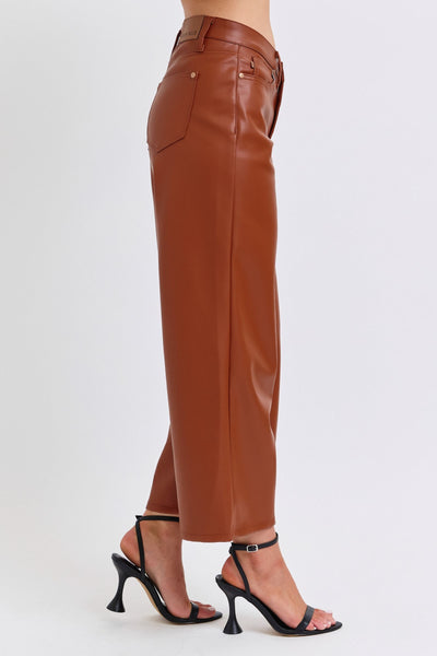 Judy Blue High Waist Tummy Control Camel Faux Leather Wide Leg Crop Denim Jeans 88900-Jeans-Sunshine and Wine Boutique