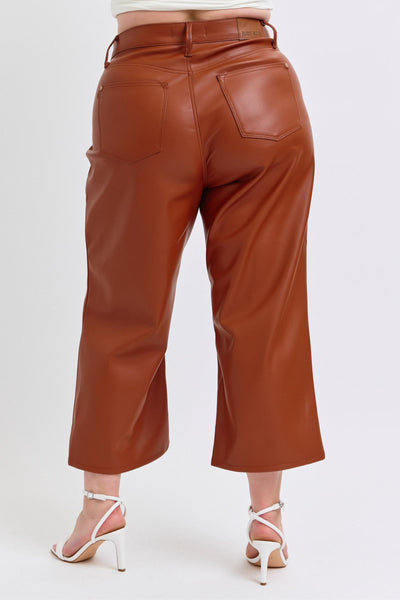 Judy Blue High Waist Tummy Control Camel Faux Leather Wide Leg Crop Denim Jeans 88900-Jeans-Sunshine and Wine Boutique