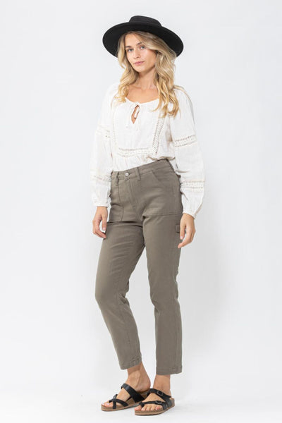 Judy Blue High Waist Olive Utility Slim Denim Jeans 88193-Jeans-Sunshine and Wine Boutique