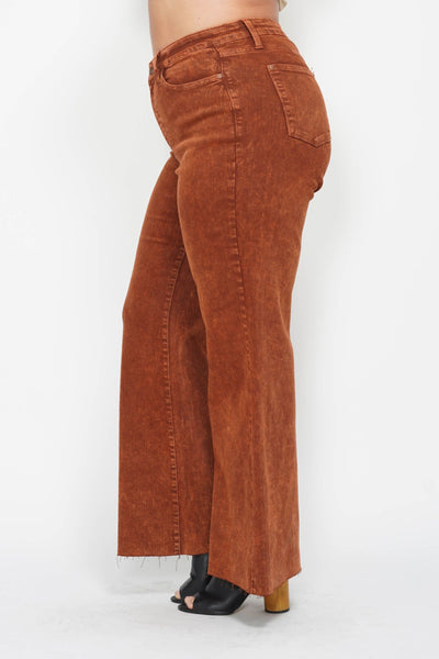 Judy Blue High Waist Garment Dyed Pumpkin Spice Raw Hem Retro Wide Leg Denim 88888-Jeans-Sunshine and Wine Boutique