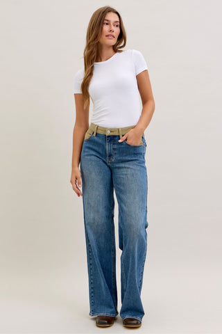 Judy Blue Mid Rise Corduroy Waist Column Straight Denim Jeans 881054
