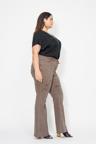 Judy Blue High Waist Garment Dyed Knee Seam Detail & Shield Pockets Flare Denim 88846-Jeans-Sunshine and Wine Boutique