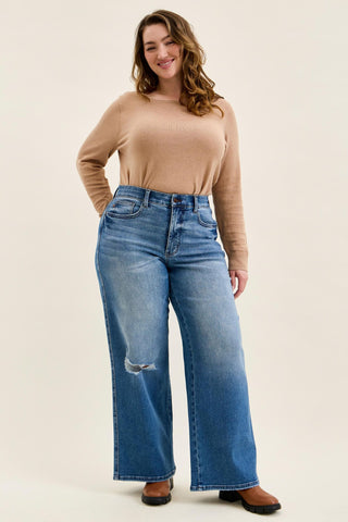 Judy Blue High Waist Tummy Control Leopard Waistband Lux Retro Wide Leg Denim Jeans 881192