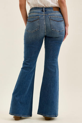 Judy Blue Mid Rise Triple Needle Pockets & Bandana Loop Jaqueline Flare Denim Jeans 82726
