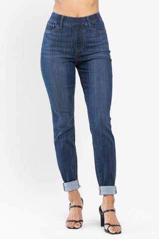 Judy Blue High Waist Pull On Double Cuff Slim Denim 88750-Jeans-Sunshine and Wine Boutique