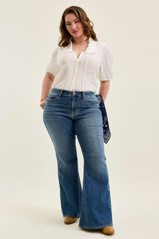 Judy Blue Mid Rise Triple Needle Pockets & Bandana Loop Jaqueline Flare Denim Jeans 82726