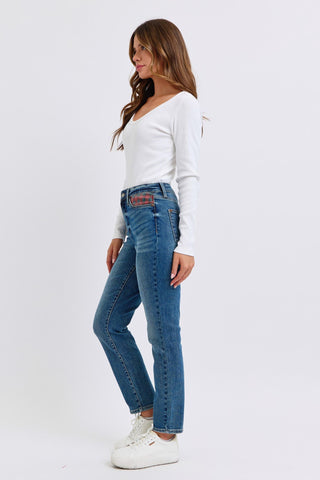Judy Blue High Waist Plaid Patch Slim Denim Jeans 88868