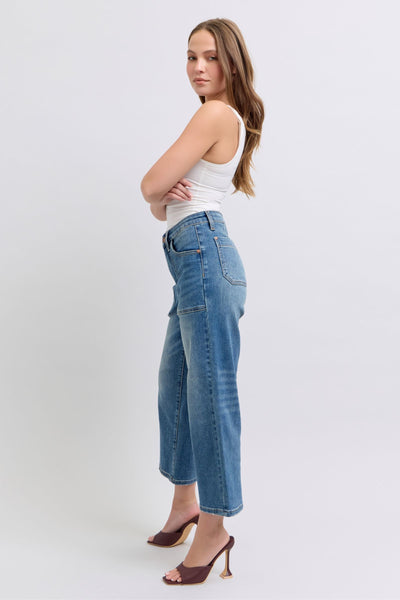 Judy Blue High Waist Utility Pockets Crop Wide Leg Denim Jeans 88904-Jeans-Sunshine and Wine Boutique